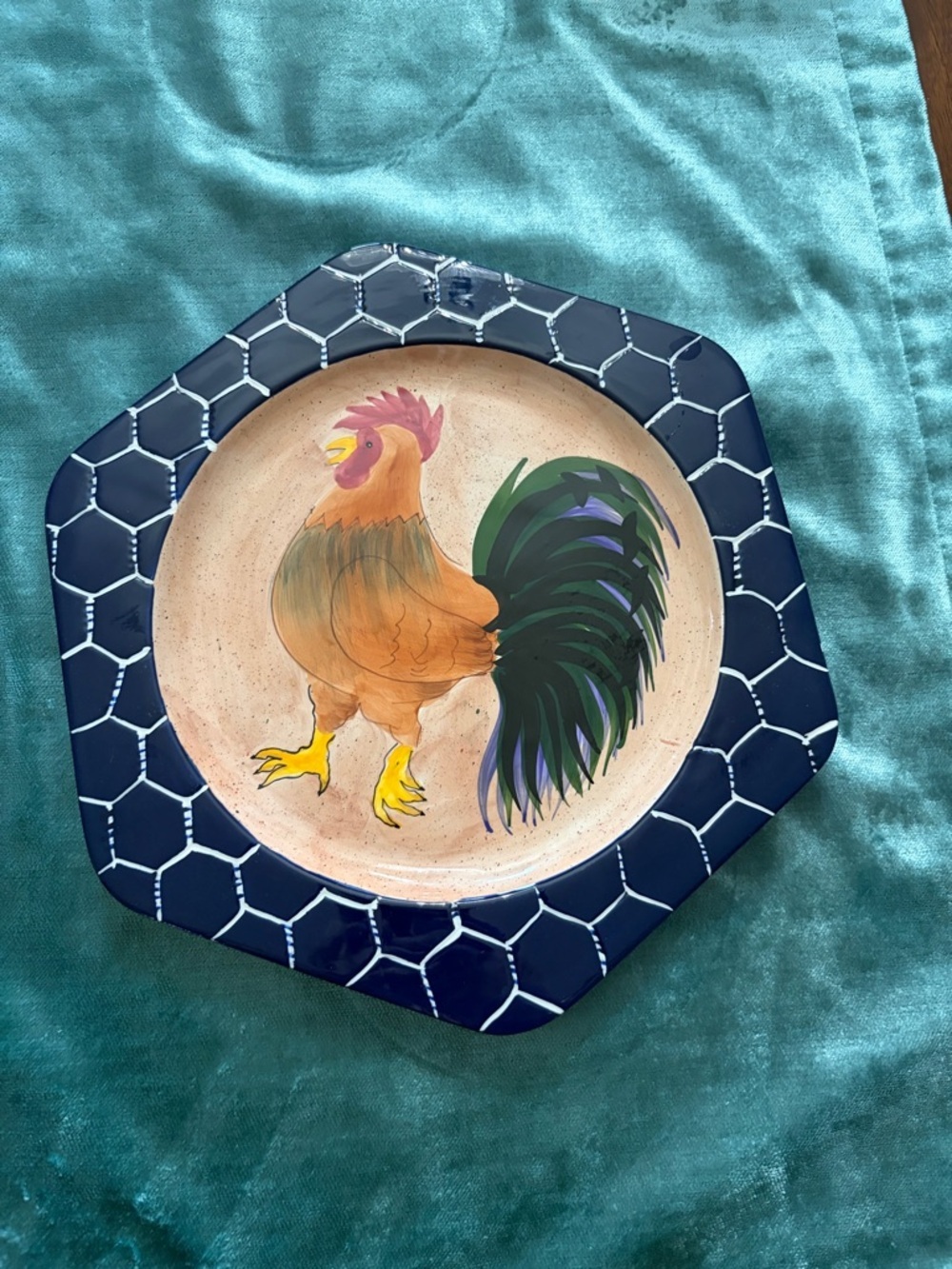 Hand-Painted Rooster Serving Plate - Navy Hex Border